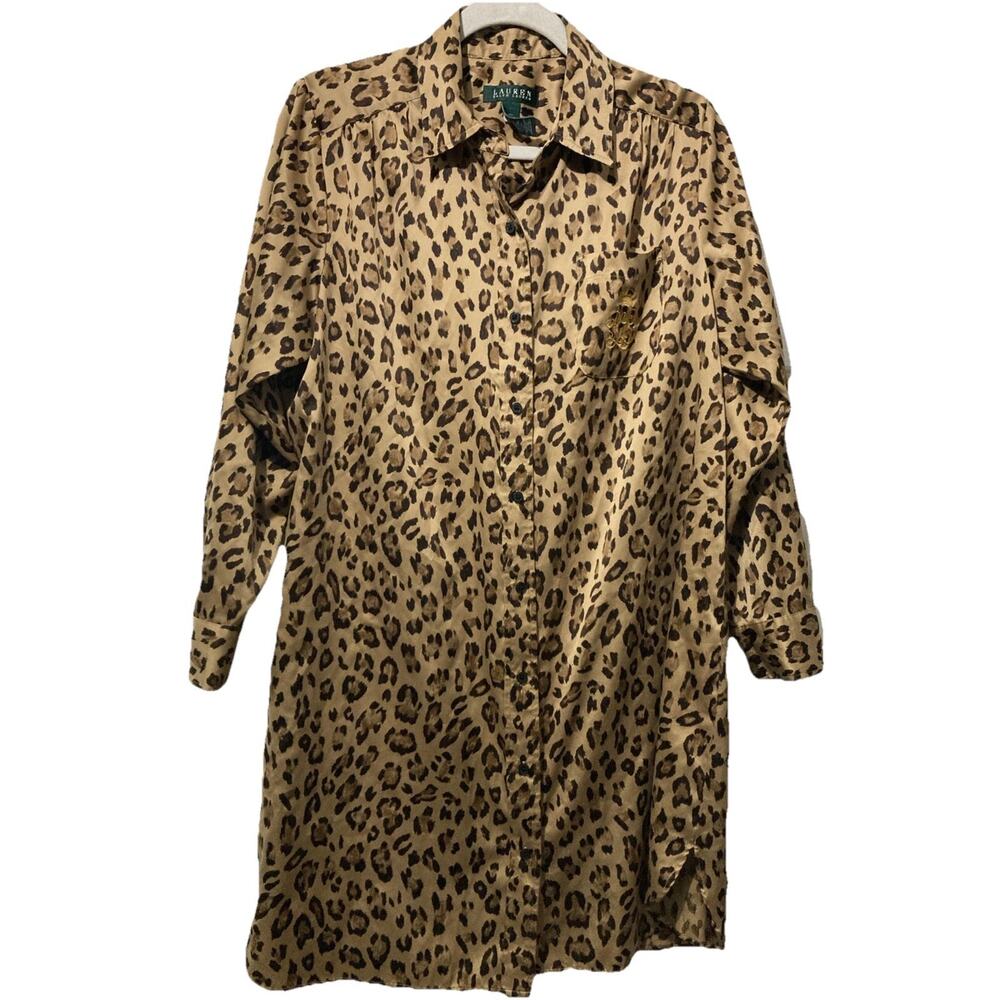 Lauren Ralph Lauren Leopard Print Button Up Blouse Size Medium Tunic Dress 80s